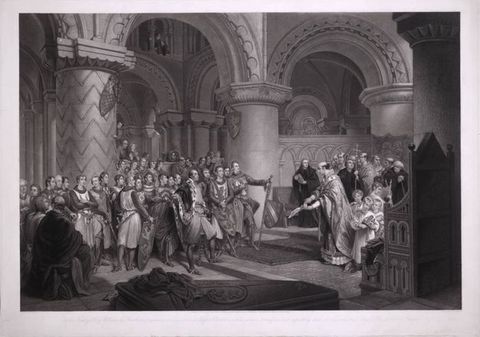 Print. Two groups face each other under hefty stone columns and arches. To our right, a man wearing ecclesiastical robes holds out a document. About a dozen men and children, also in religious dress, are behind him. At least twice that number of men, in armour and courtly clothing, look on from the left half of the painting.