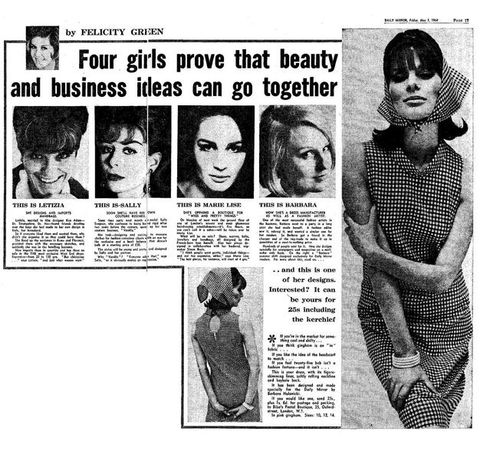 Newspaper clipping. The byline, \“by Felicity Green\”, is above the headline, \“Four girls prove that beauty and business ideas can go together\”. Headshots of four women below are each followed by a short column of text. The caption under the first headshot reads, \“This is Letizzia\”. The second reads, \“This is Sally\”, and then \“This is Marie Lise\”, and finally, \“This is Barbara\”. Two more photographs, one to our right and one below, show a woman modelling a checkered sleeveless dress with a scarf tied under her chin.