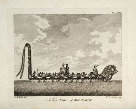 Print. Three men stand wearing feathered headdresses in a long canoe rowed by eighteen men. Filigree-like decorations at the front and back of the boat are outlined against the sky. 