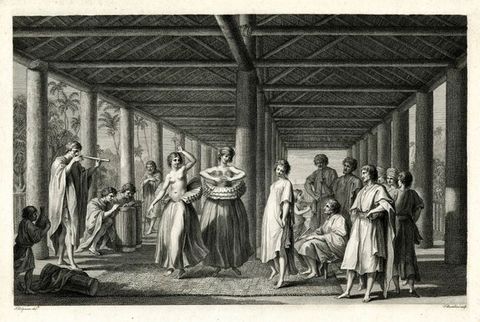 Print. Two women dance as two men play drums and a third man plays a pipe. Both women wear voluminous ruffs around their waists over long, full skirts and bare feet. One woman wears a turban and a gauzy material over her breasts. The other is bare-headed and bare-chested. They and several onlookers are under a timbered roof held up with columns. Palm trees are visible in the distance. 