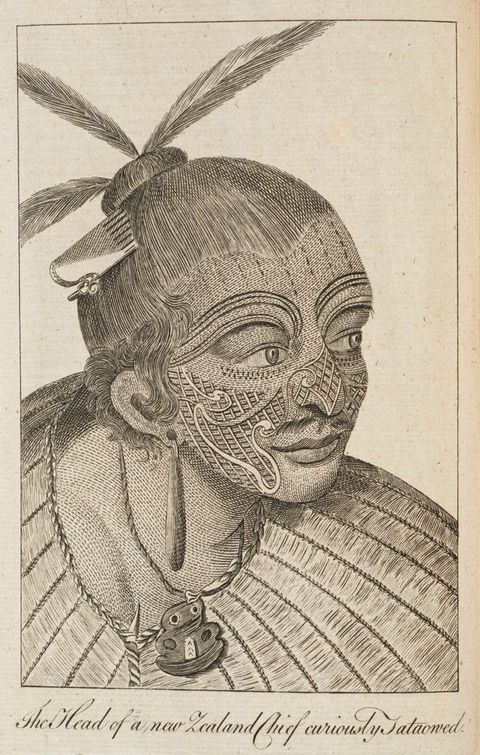 Print. The head and shoulders of a person who leans forward and looks to our right. Their face is decorated all over with patterns of lines and grids, and they have a comb and feathers in their hair. 