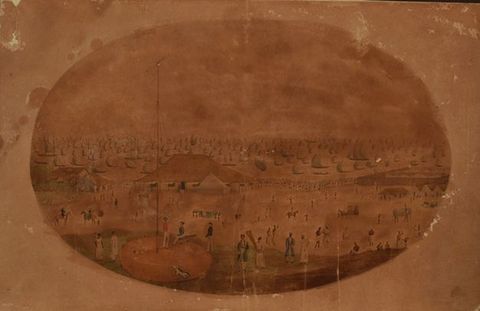 Watercolour. An oval-shaped scene is darkened and mostly brown, so details are difficult to make out. People appear to walk or move along a shoreline across the bottom part of the composition. Sailboats densely crowd the sea beyond.
