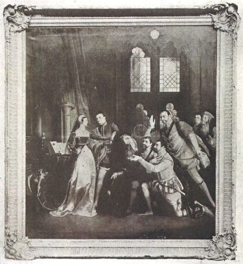 Painting. Black and white image of men in elaborate doublets and hose offering a robed woman a crown. The woman has turned away from a book on a lectern and holds up both hands. Two men kneel, holding the crown, and others look on from behind. The image shows the painting in a carved, probably gilded frame.
