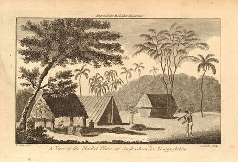 Print. Three A-shaped structures are on flat ground surrounded by palm trees. Several people sit in the shade provided by one structure that looks like a thatched roof on stilts to our left. Two men holding rifles over their shoulders are to our right. 