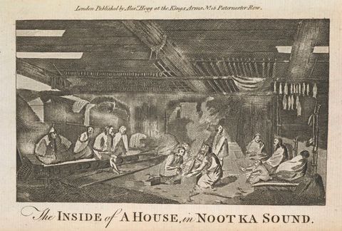 Print. We look into a single story hall-like space, rendered in cross-hatchings of black ink on cream paper. In the centre, four people sit or crouch around a fire. To our left, four people wearing shawls or blankets sit on a long low bench. Opposite, three adults wearing shawls or blankets sit on mats with a small child. Above them, two lines of fish hang from a a square rack. 