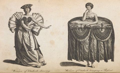 Print. Two women are illustrated against a blank background. The woman to our left wears a sleeveless bodice with a long skirt. Huge ruffles like an oversized bow fan out from her lower back. Her arms sway to our right. The other woman wears a garment resembling a decorated oval table. The skirt begins under the bust, and the woman rests her arms on its wide, flat top. It has bunting-like drapery down the front.